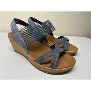 Skechers Womens 8 Beverlee High Tea Wedge Strappy Sandals Blue Luxe Foam